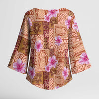Orange Hawaii Hibiscus With Tropical Flowers Motifs Kimono Sleeve Blouse LT14 - Polynesian Pride