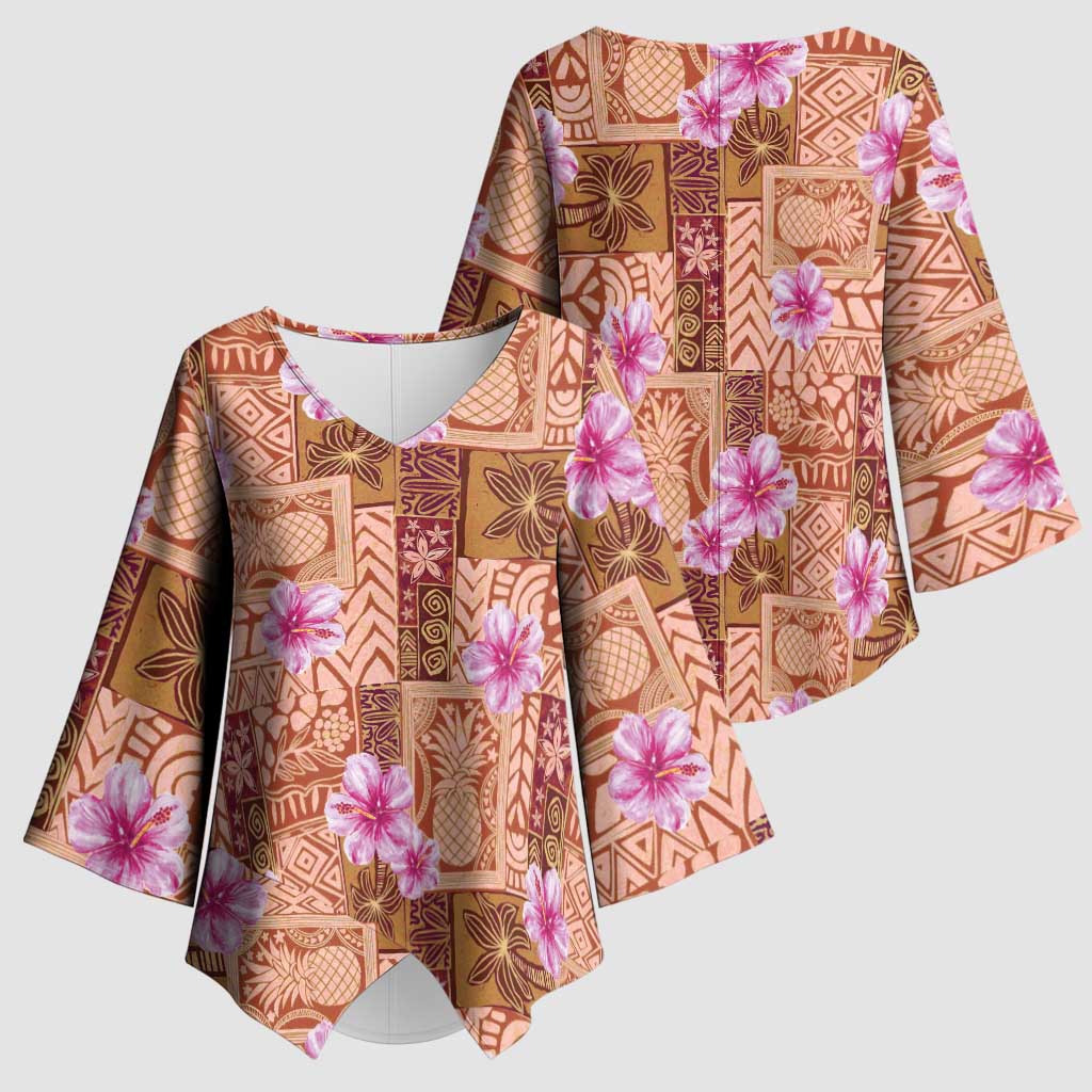 Orange Hawaii Hibiscus With Tropical Flowers Motifs Kimono Sleeve Blouse LT14 - Polynesian Pride