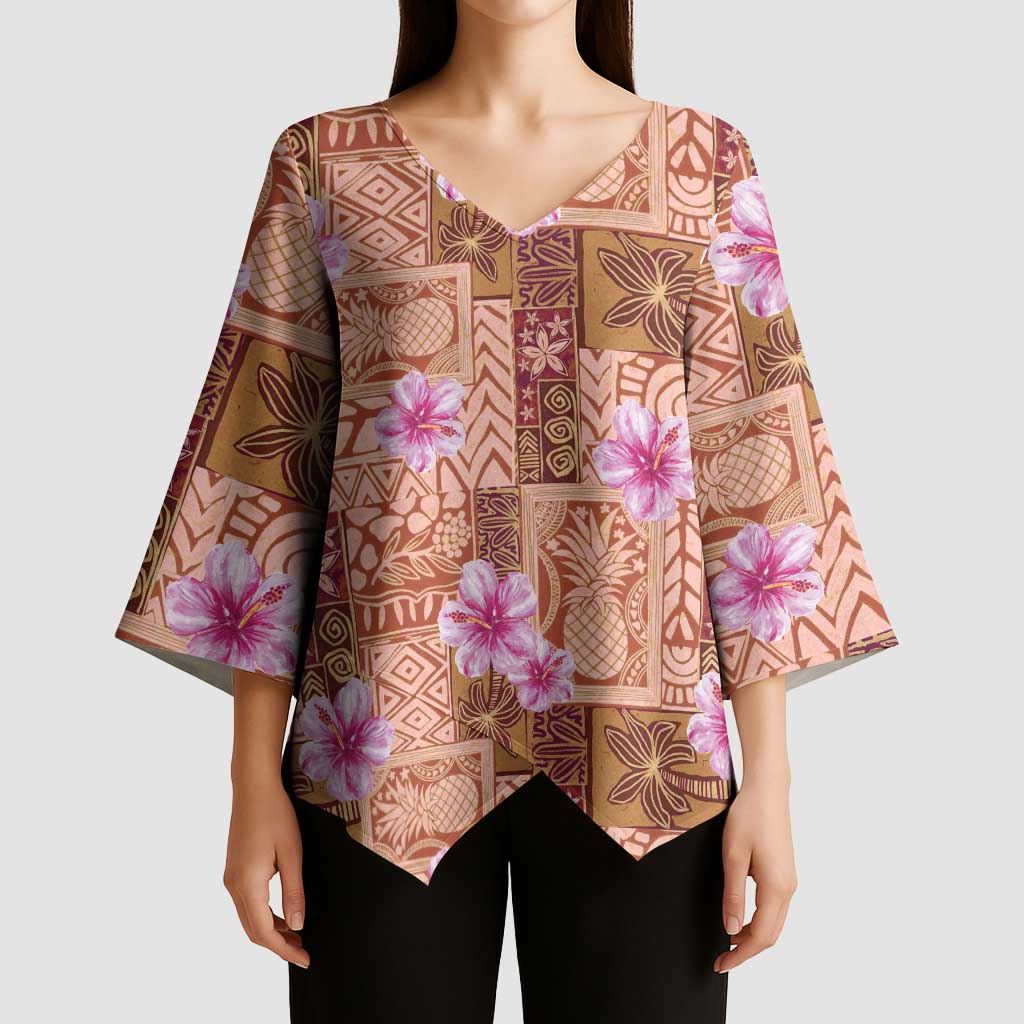 Orange Hawaii Hibiscus With Tropical Flowers Motifs Kimono Sleeve Blouse LT14 - Polynesian Pride