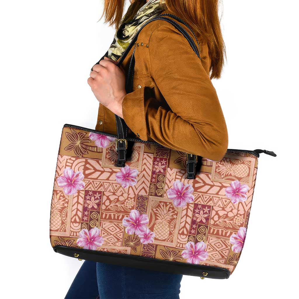 Orange Hawaii Hibiscus With Tropical Flowers Motifs Leather Tote Bag LT14 Orange - Polynesian Pride