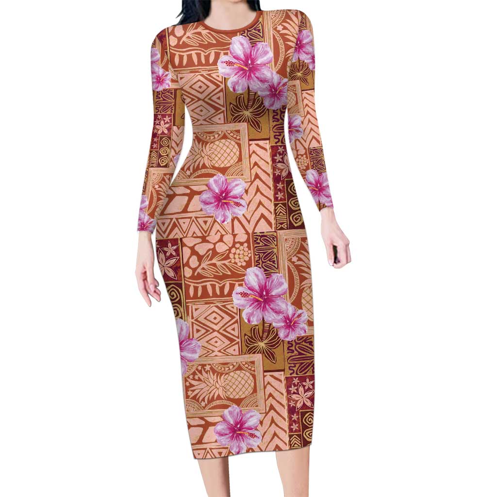 Orange Hawaii Hibiscus With Tropical Flowers Motifs Long Sleeve Bodycon Dress LT14 Long Dress Orange - Polynesian Pride