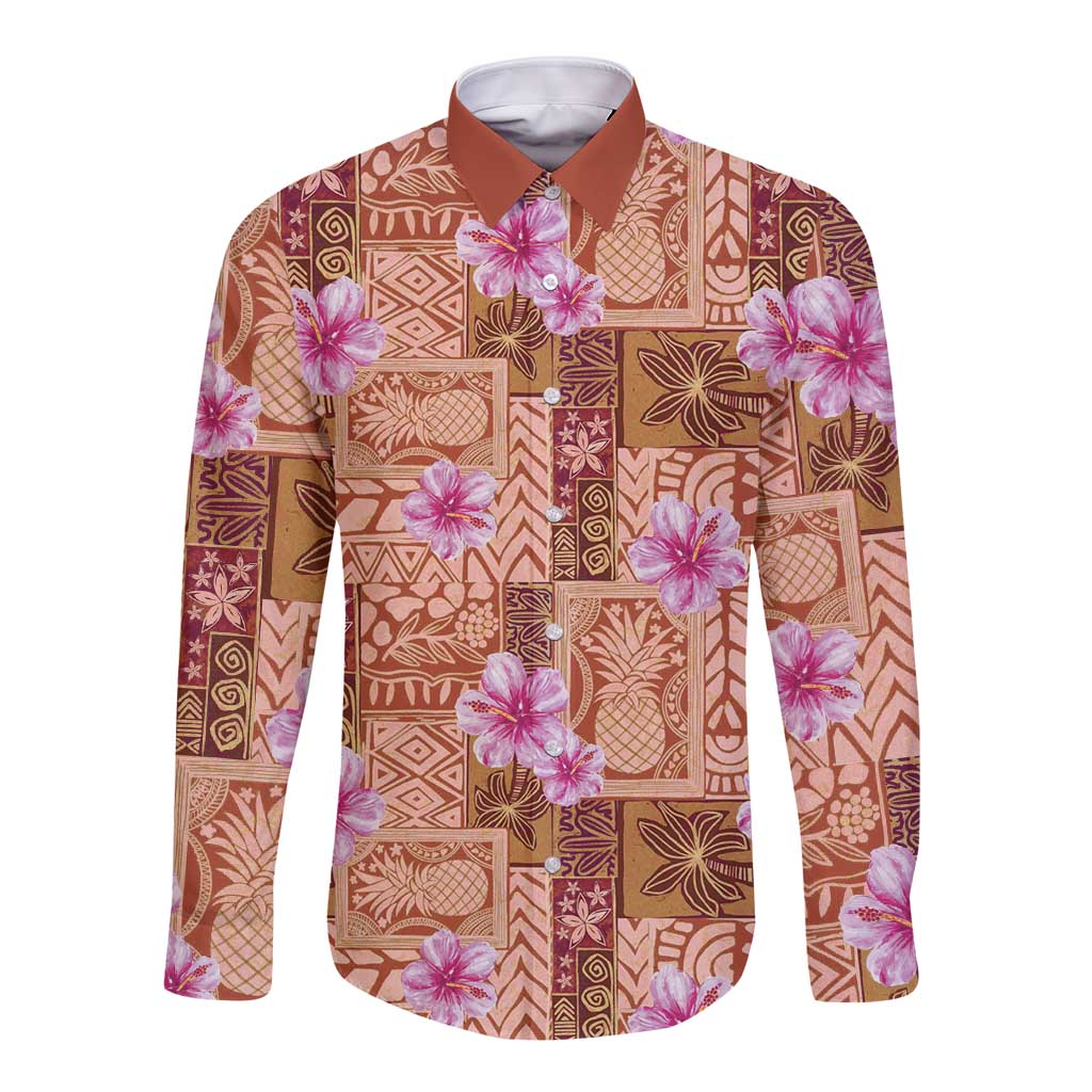 Orange Hawaii Hibiscus With Tropical Flowers Motifs Long Sleeve Button Shirt LT14 Unisex Orange - Polynesian Pride