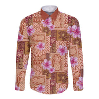 Orange Hawaii Hibiscus With Tropical Flowers Motifs Long Sleeve Button Shirt LT14 Unisex Orange - Polynesian Pride