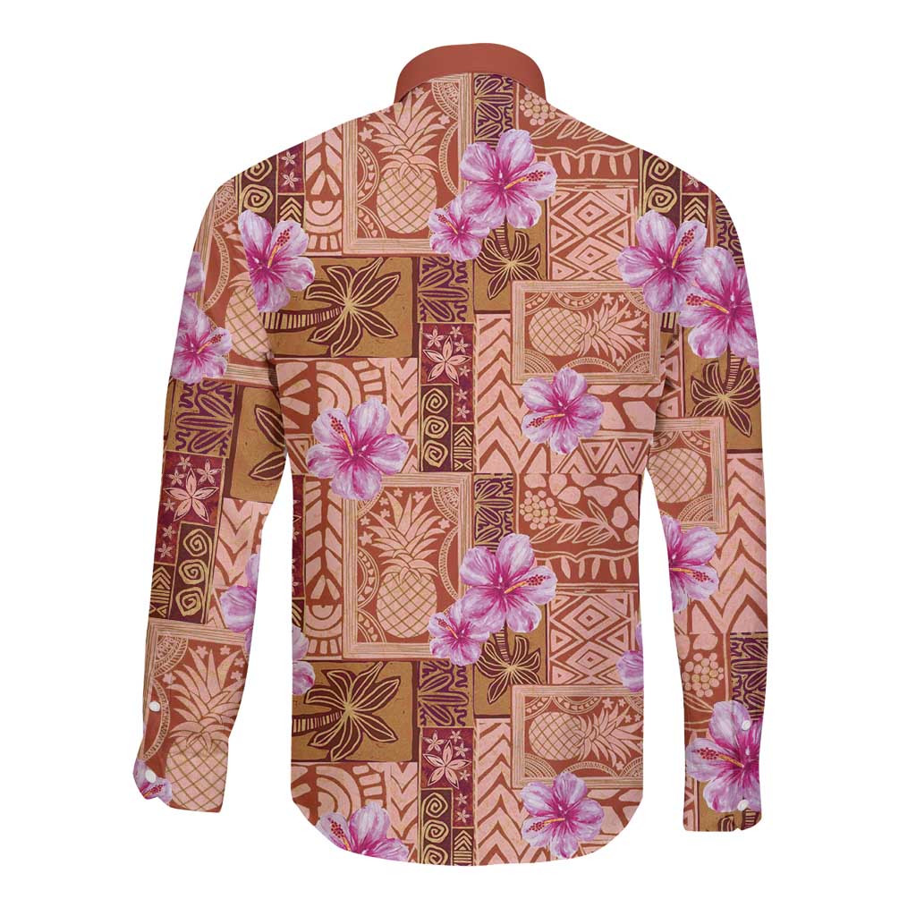 Orange Hawaii Hibiscus With Tropical Flowers Motifs Long Sleeve Button Shirt LT14 - Polynesian Pride