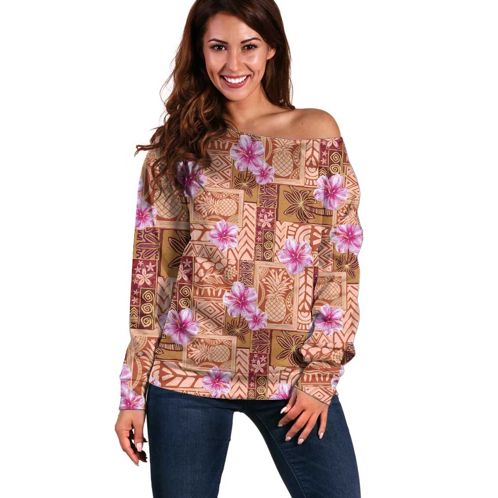 Orange Hawaii Hibiscus With Tropical Flowers Motifs Off Shoulder Sweater LT14 Women Orange - Polynesian Pride