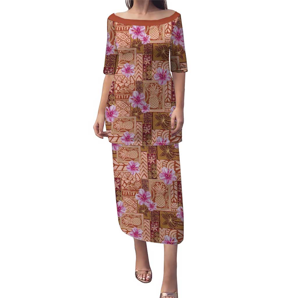 Orange Hawaii Hibiscus With Tropical Flowers Motifs Puletasi LT14 Long Dress Orange - Polynesian Pride