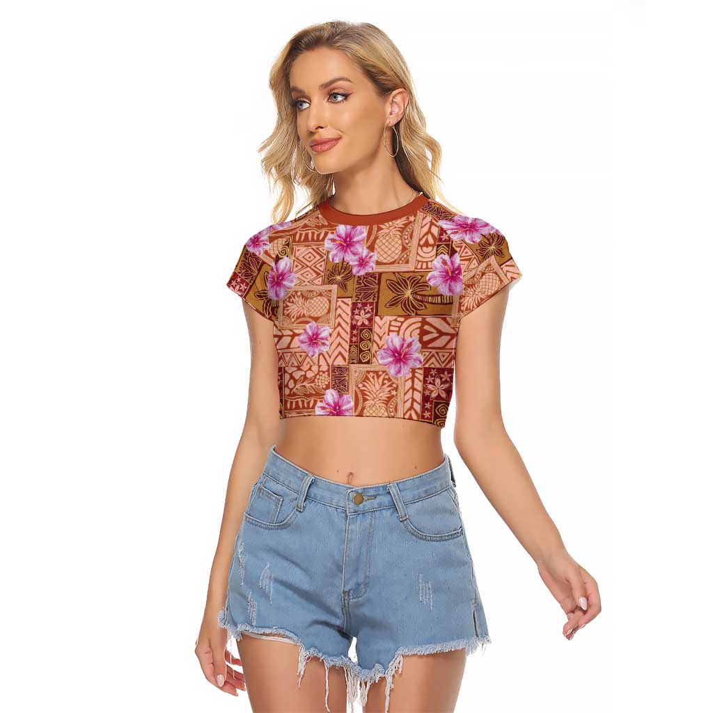 Orange Hawaii Hibiscus With Tropical Flowers Motifs Raglan Cropped T Shirt LT14 Female Orange - Polynesian Pride