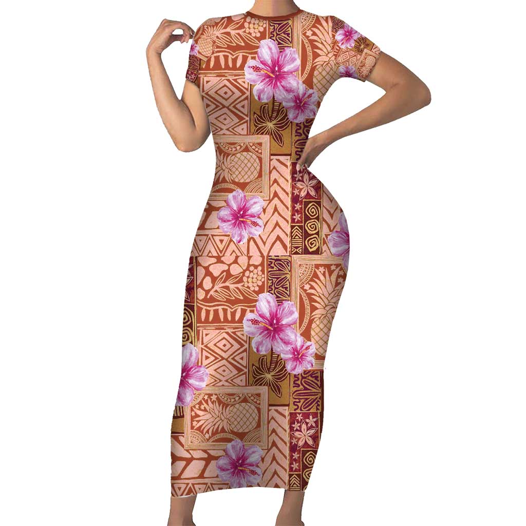 Orange Hawaii Hibiscus With Tropical Flowers Motifs Short Sleeve Bodycon Dress LT14 Long Dress Orange - Polynesian Pride