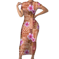 Orange Hawaii Hibiscus With Tropical Flowers Motifs Short Sleeve Bodycon Dress LT14 Long Dress Orange - Polynesian Pride