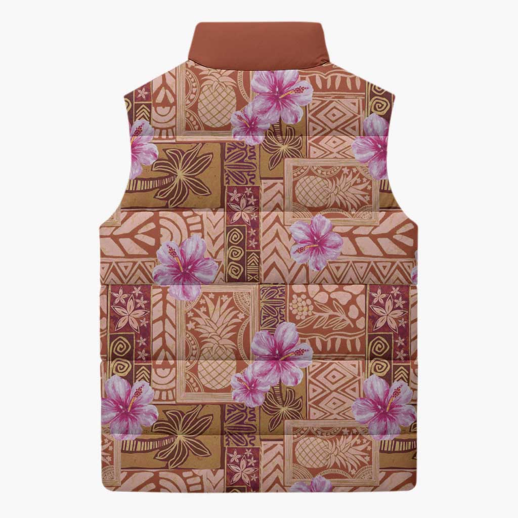 Orange Hawaii Hibiscus With Tropical Flowers Motifs Sleeveless Puffer Jacket LT14 - Polynesian Pride