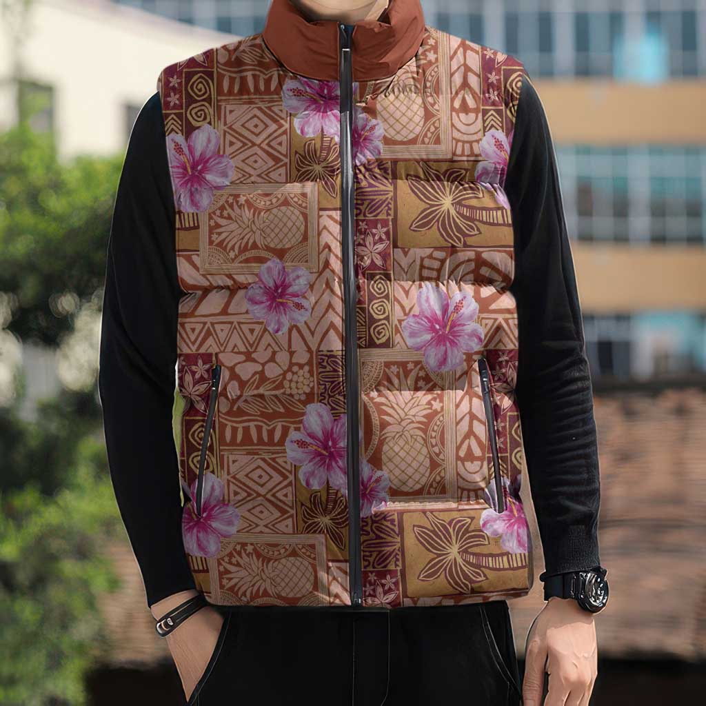 Orange Hawaii Hibiscus With Tropical Flowers Motifs Sleeveless Puffer Jacket LT14 - Polynesian Pride