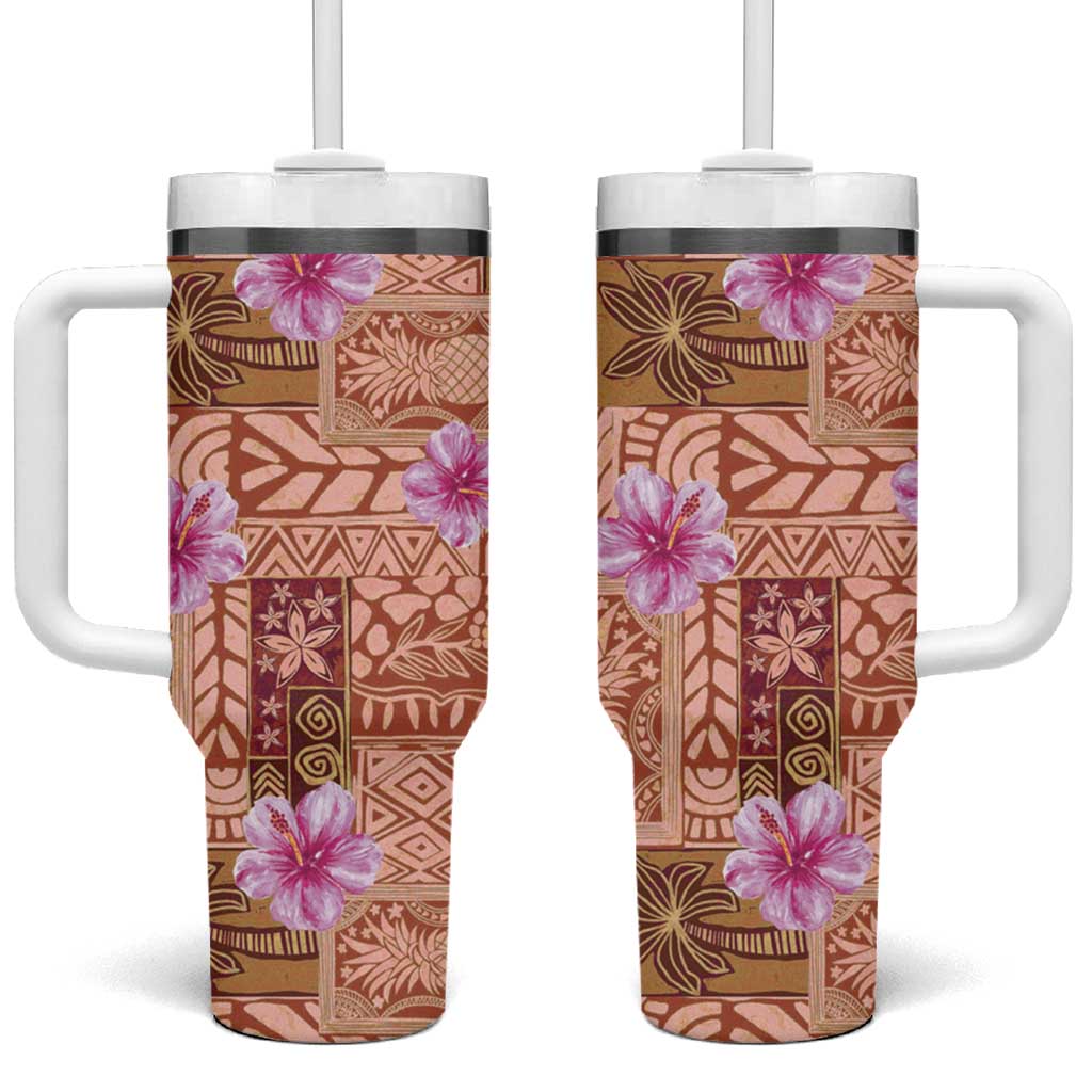 Orange Hawaii Hibiscus With Tropical Flowers Motifs Tumbler With Handle LT14 One Size: 40 oz Orange - Polynesian Pride