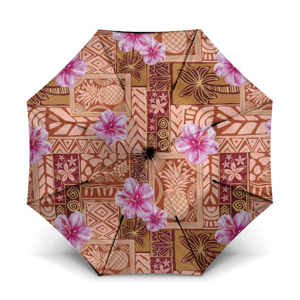 Orange Hawaii Hibiscus With Tropical Flowers Motifs Umbrella LT14 One Size Folded 11.42 inch Opened Diameter 37.4 inch Orange - Polynesian Pride