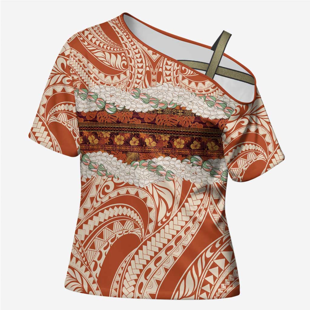 Aloha Hawaii Mikioi Lei Cross Shoulder Shirt Beige Tropical Flower Pattern LT14 Female Beige - Polynesian Pride