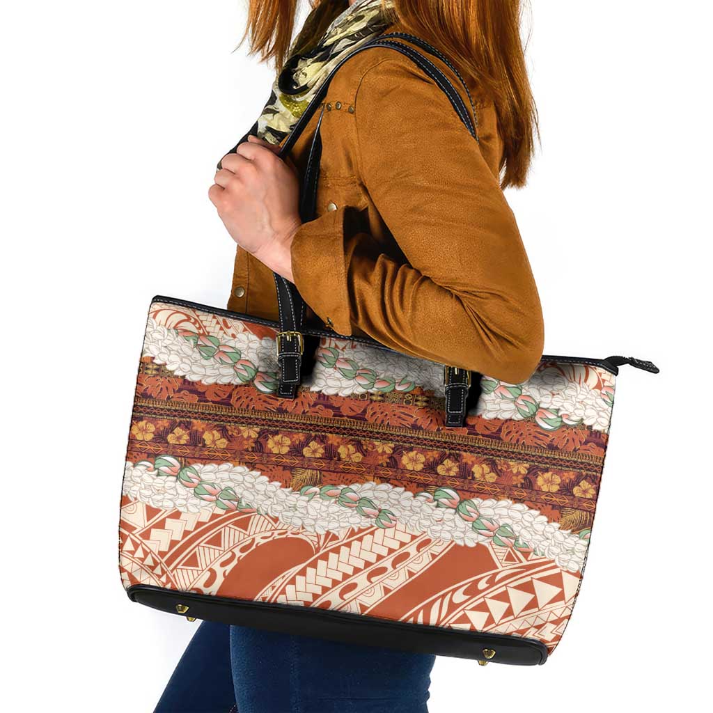 Aloha Hawaii Mikioi Lei Leather Tote Bag Beige Tropical Flower Pattern LT14 Beige - Polynesian Pride