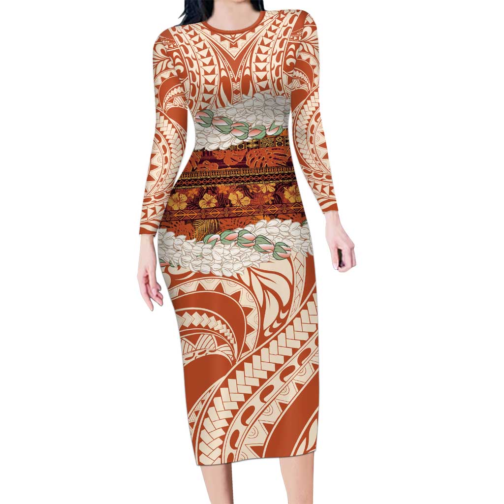 Aloha Hawaii Mikioi Lei Long Sleeve Bodycon Dress Beige Tropical Flower Pattern LT14 Long Dress Beige - Polynesian Pride