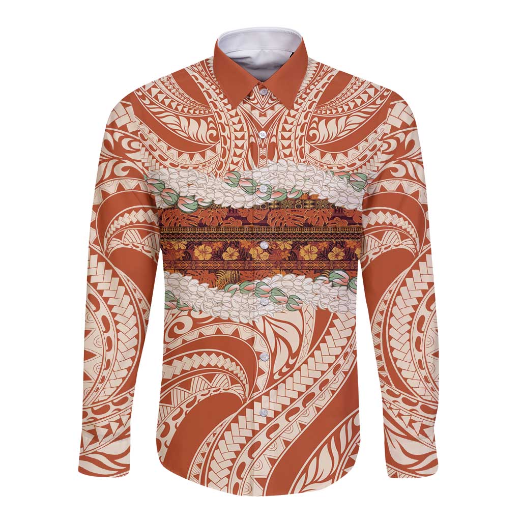 Aloha Hawaii Mikioi Lei Long Sleeve Button Shirt Beige Tropical Flower Pattern LT14 Unisex Beige - Polynesian Pride