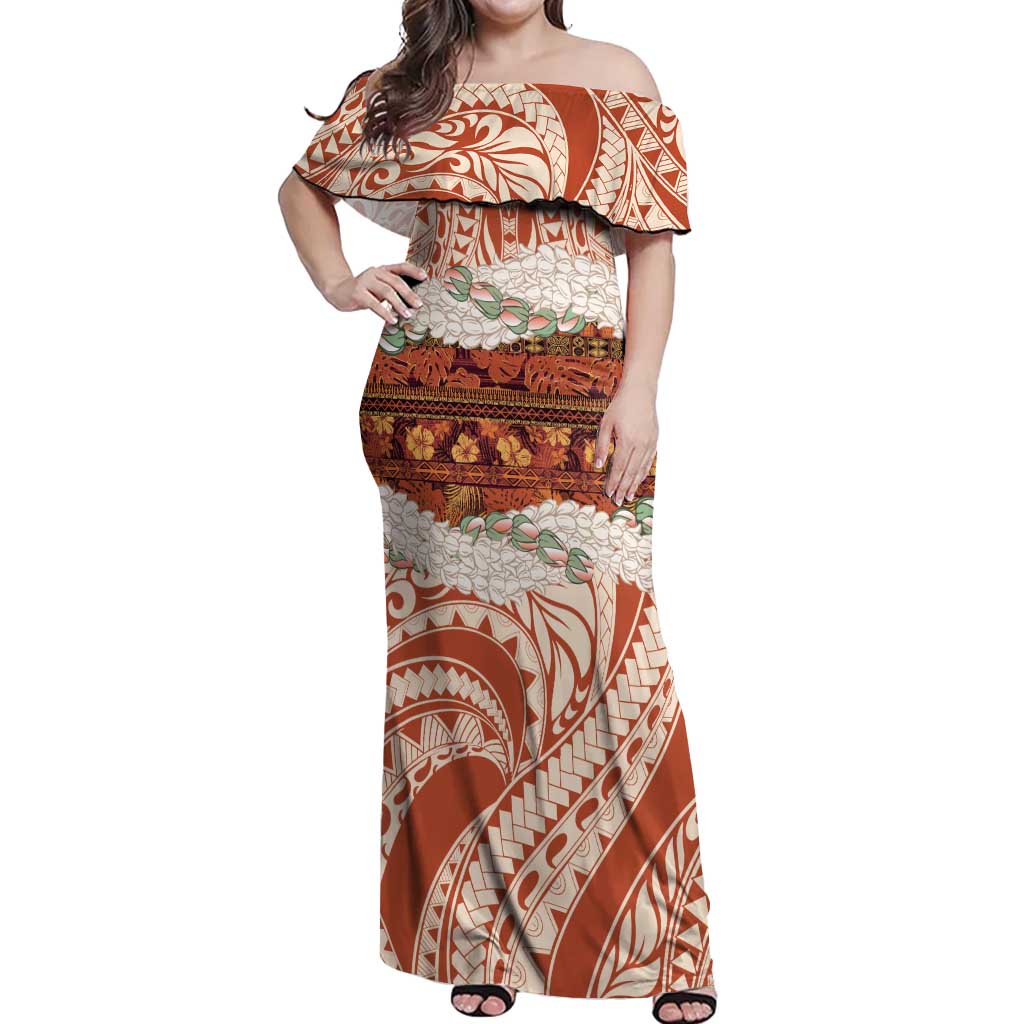Aloha Hawaii Mikioi Lei Off Shoulder Maxi Dress Beige Tropical Flower Pattern LT14 Women Beige - Polynesian Pride