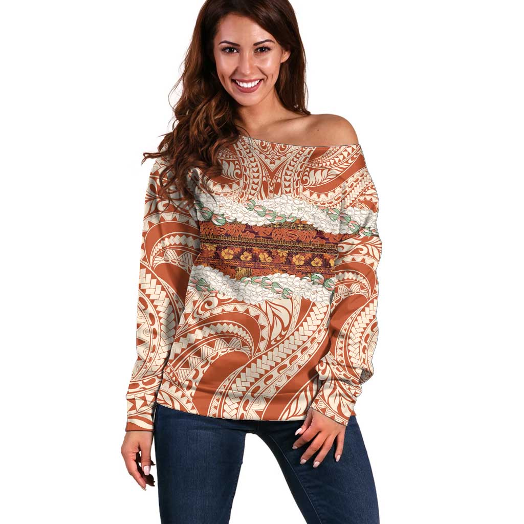 Aloha Hawaii Mikioi Lei Off Shoulder Sweater Beige Tropical Flower Pattern LT14 Women Beige - Polynesian Pride