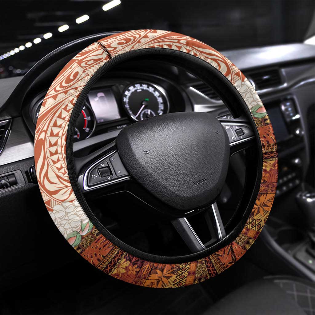 Aloha Hawaii Mikioi Lei Steering Wheel Cover Beige Tropical Flower Pattern LT14 Universal Fit Beige - Polynesian Pride