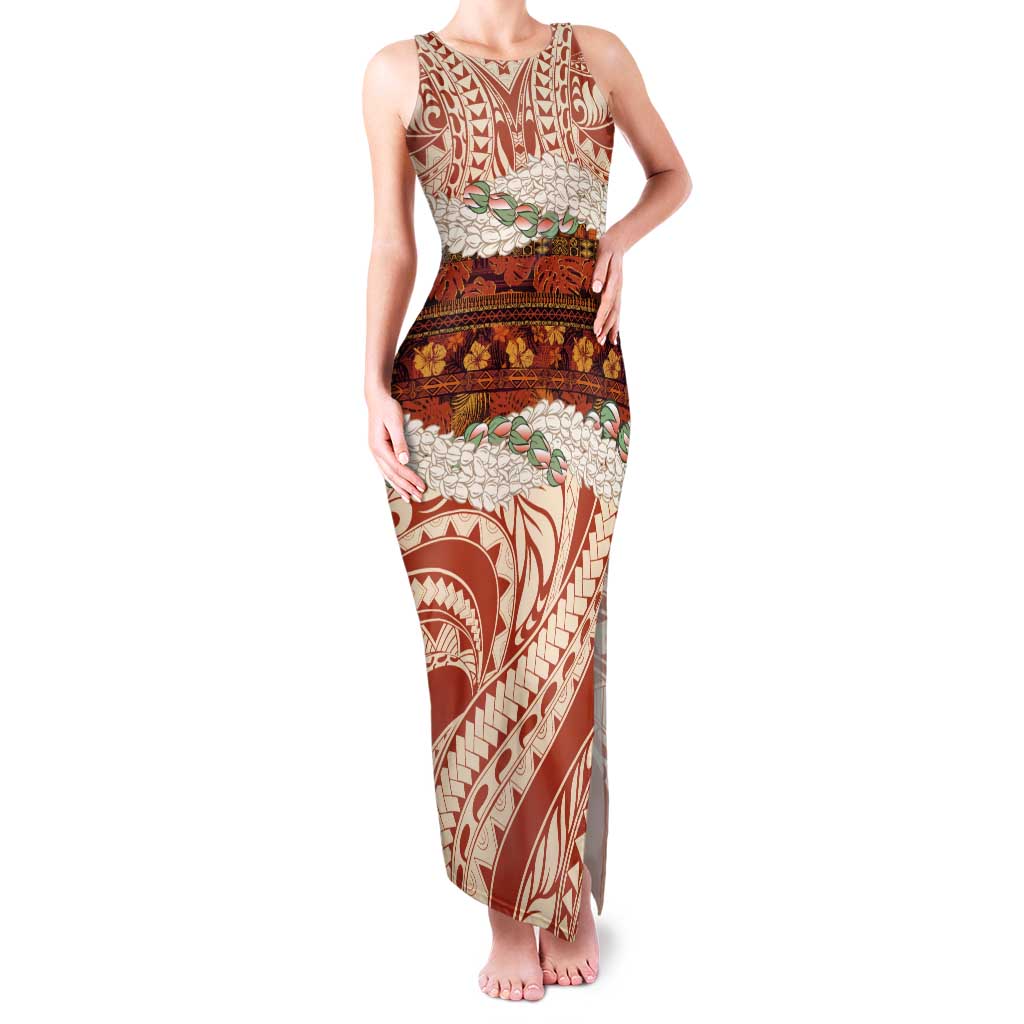 Aloha Hawaii Mikioi Lei Tank Maxi Dress Beige Tropical Flower Pattern LT14 Women Beige - Polynesian Pride