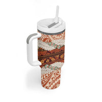 Aloha Hawaii Mikioi Lei Tumbler With Handle Beige Tropical Flower Pattern LT14 - Polynesian Pride