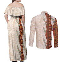 Aloha Hawaii Mikioi Lei Couples Matching Off Shoulder Maxi Dress and Long Sleeve Button Shirt Cattail Red Tropical Flower Pattern LT14 - Polynesian Pride
