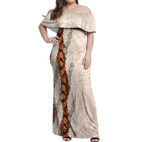 Aloha Hawaii Mikioi Lei Off Shoulder Maxi Dress Cattail Red Tropical Flower Pattern LT14 Women Cattail Red - Polynesian Pride