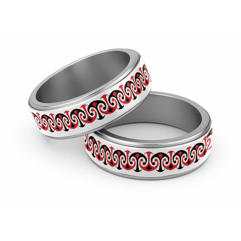 New Zealand Ngutu Kaka Kowhaiwhai Motif Classic Ring LT14 Sliver Red - Polynesian Pride