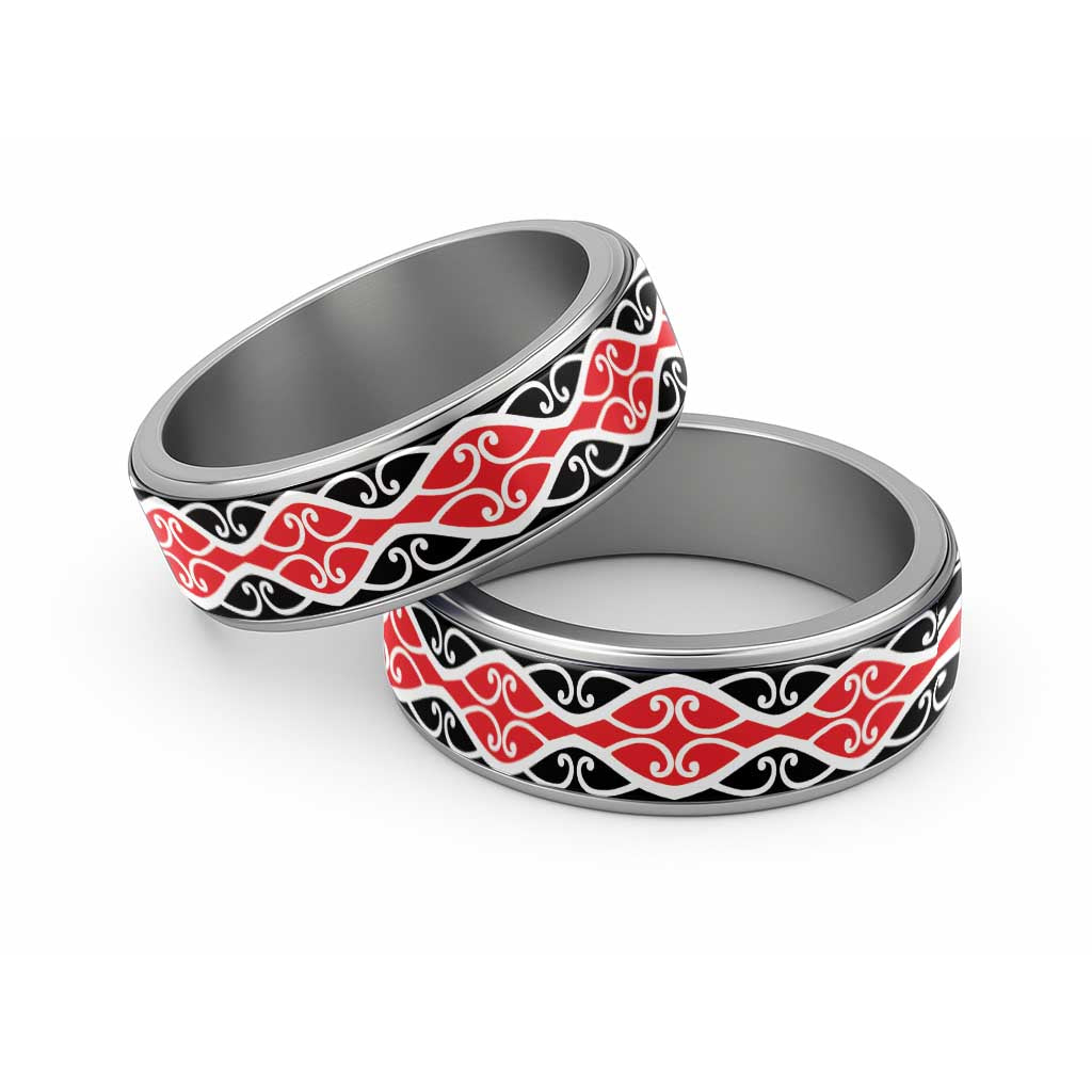 New Zealand Patiki Kowhaiwhai Motif Classic Ring LT14 Sliver Red - Polynesian Pride