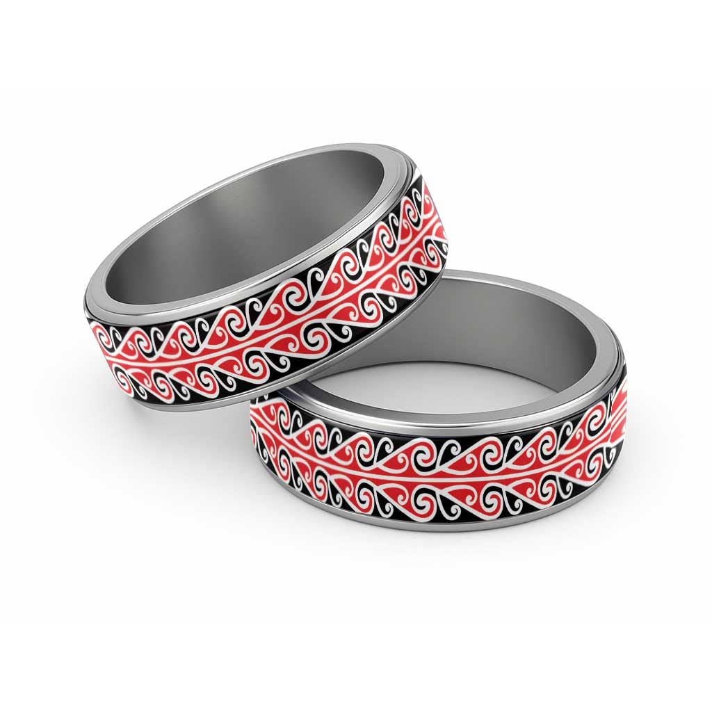 New Zealand Ngaru Kowhaiwhai Motif Classic Ring LT14 Sliver Red - Polynesian Pride