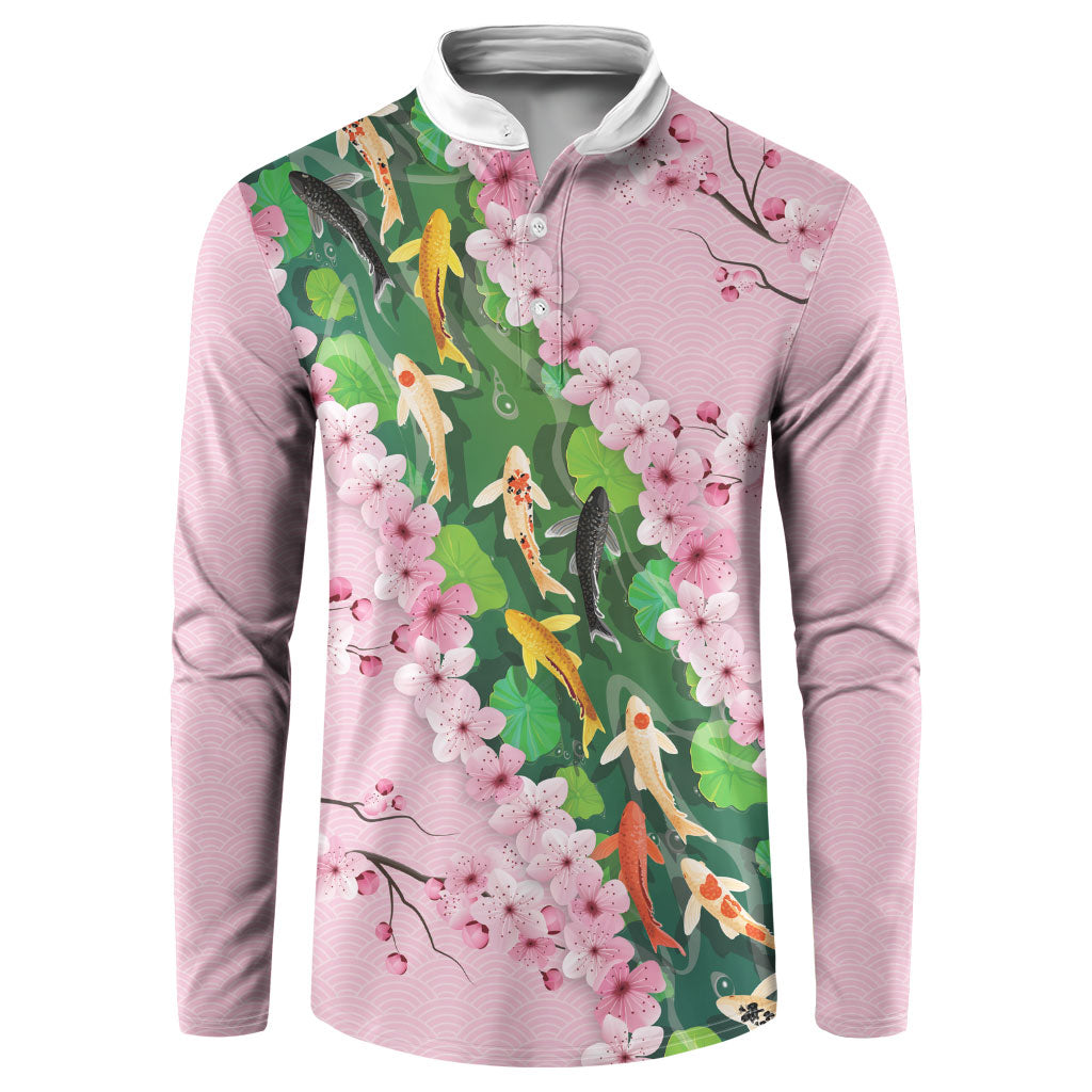 Koi Fish Sakura Japan Button Sweatshirt Eternal Flow Cherry Blossom Seigaiha Pattern