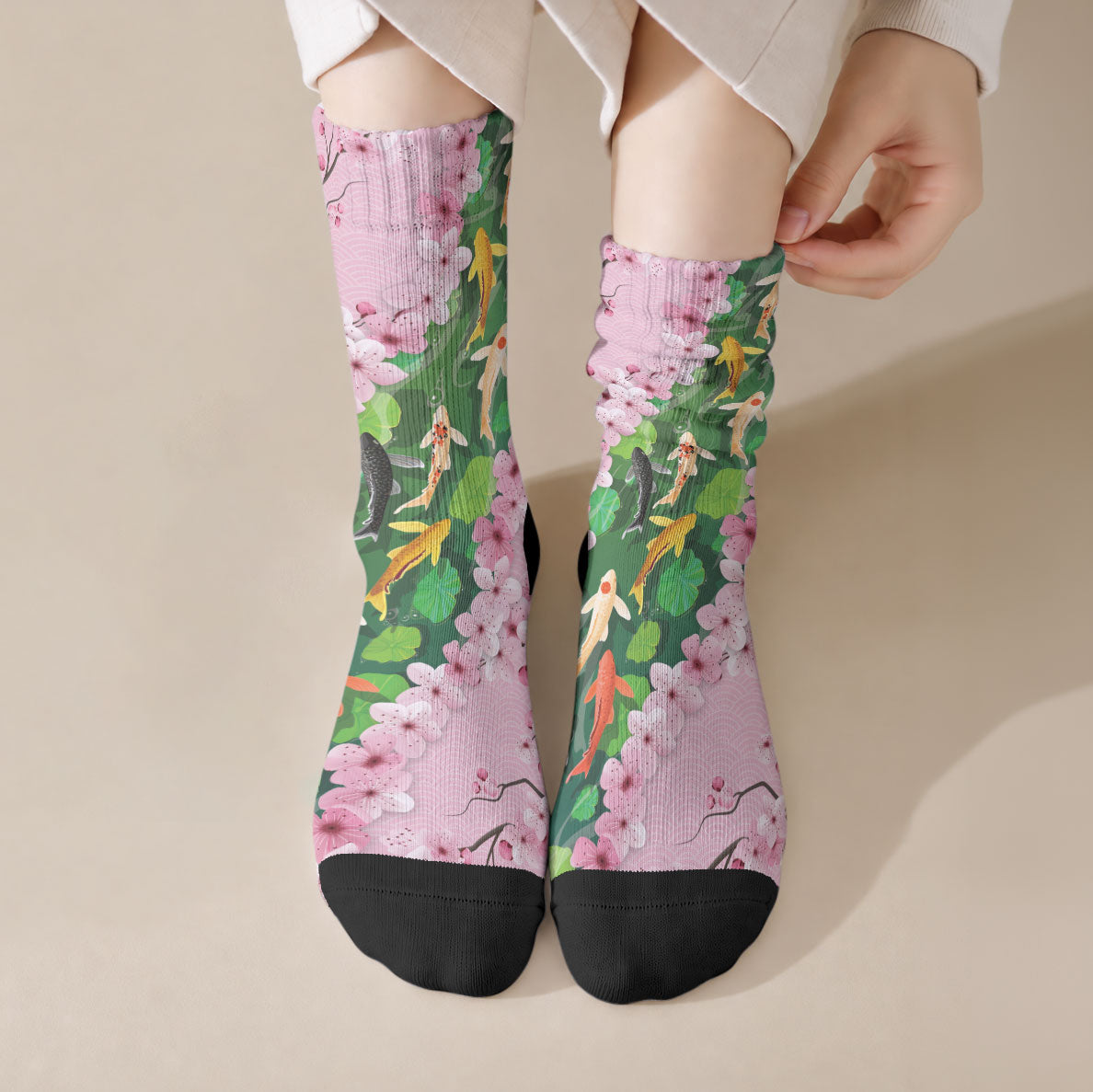 Koi Fish Sakura Japan Crew Socks Eternal Flow Cherry Blossom Seigaiha Pattern LT14 Crew Socks Pink - Polynesian Pride