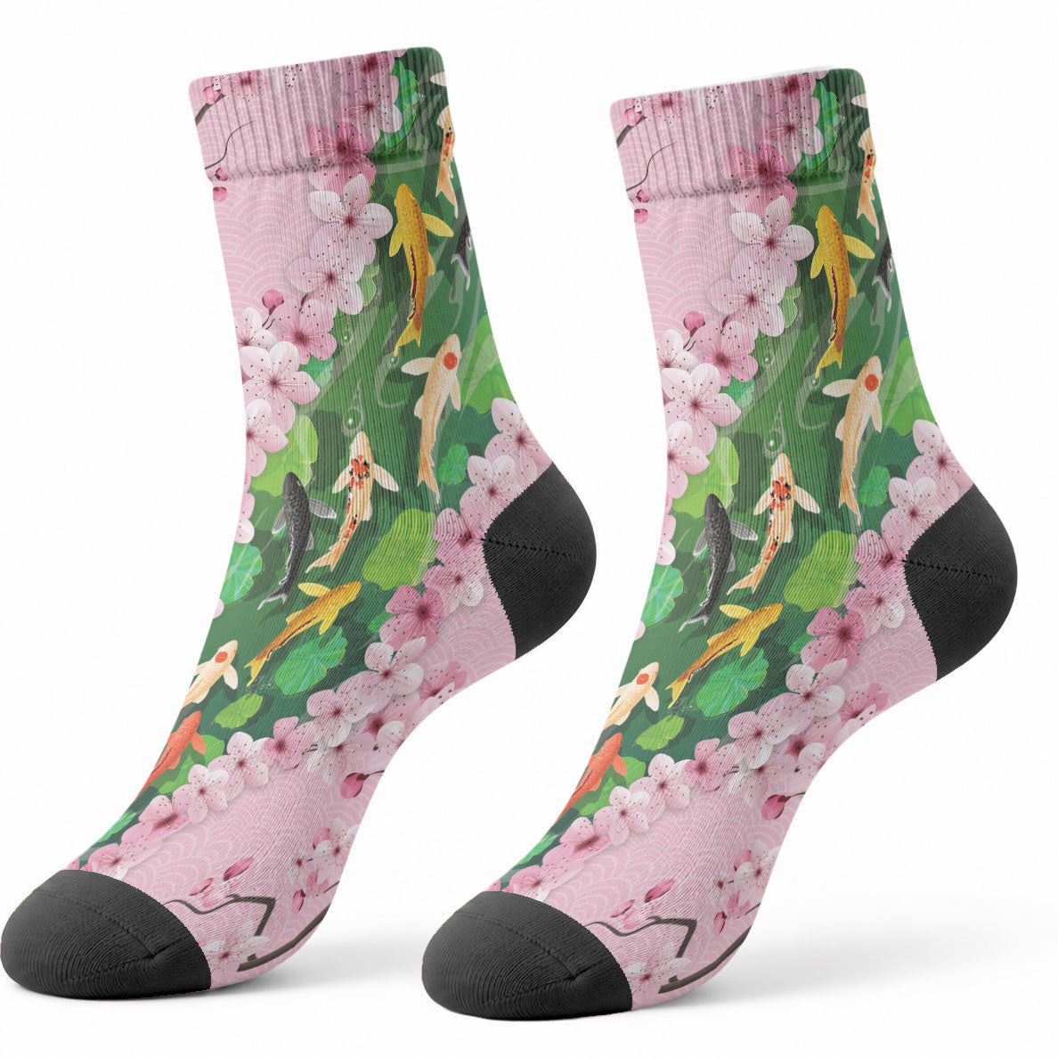 Koi Fish Sakura Japan Crew Socks Eternal Flow Cherry Blossom Seigaiha Pattern LT14 - Polynesian Pride