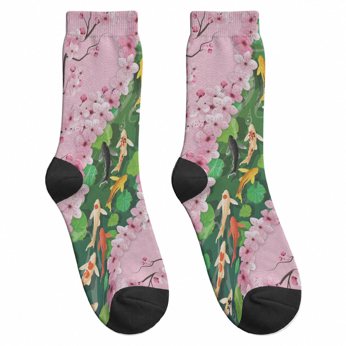 Koi Fish Sakura Japan Crew Socks Eternal Flow Cherry Blossom Seigaiha Pattern LT14 - Polynesian Pride