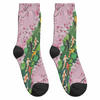 Koi Fish Sakura Japan Crew Socks Eternal Flow Cherry Blossom Seigaiha Pattern LT14 - Polynesian Pride