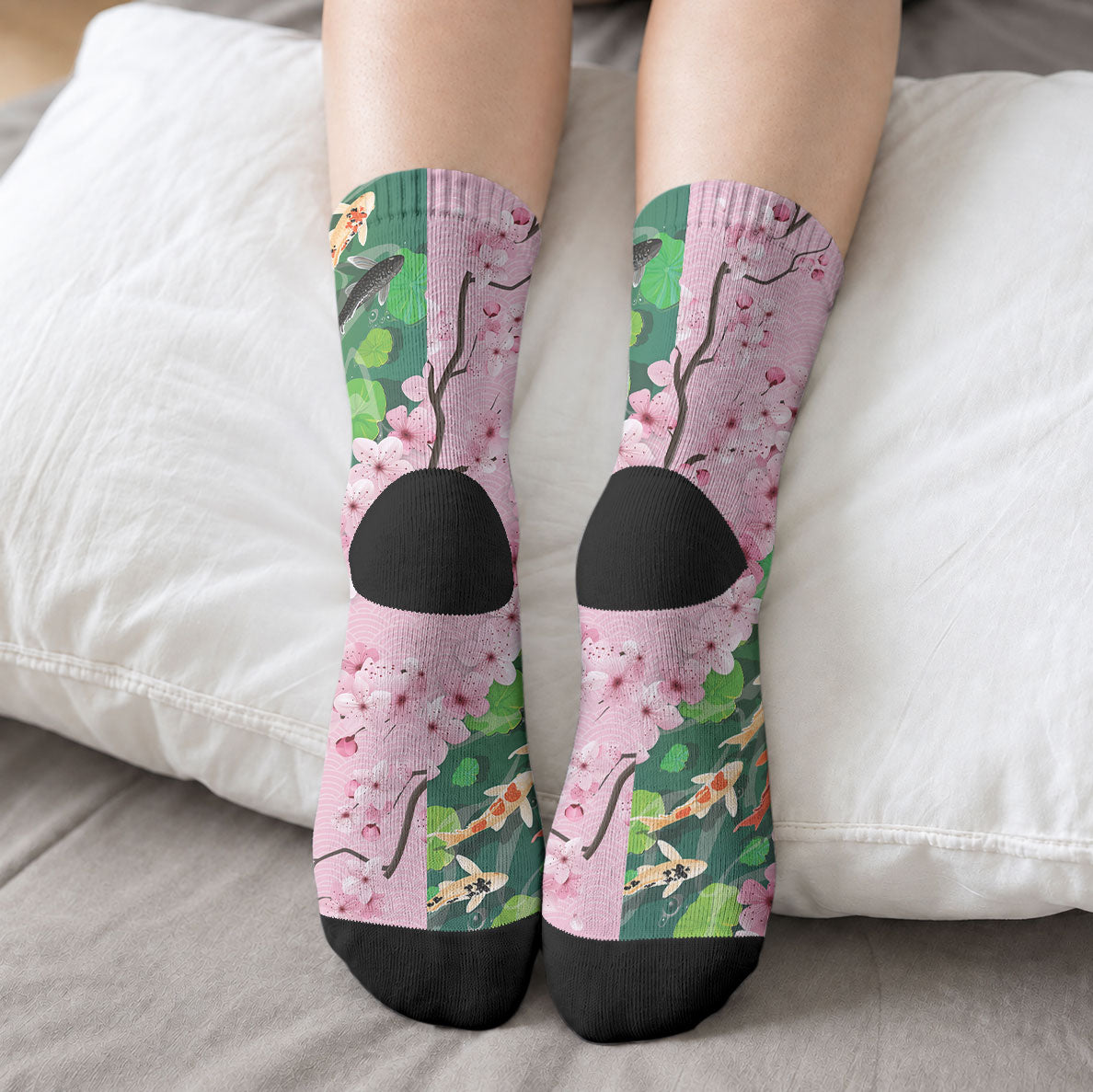 Koi Fish Sakura Japan Crew Socks Eternal Flow Cherry Blossom Seigaiha Pattern LT14 - Polynesian Pride