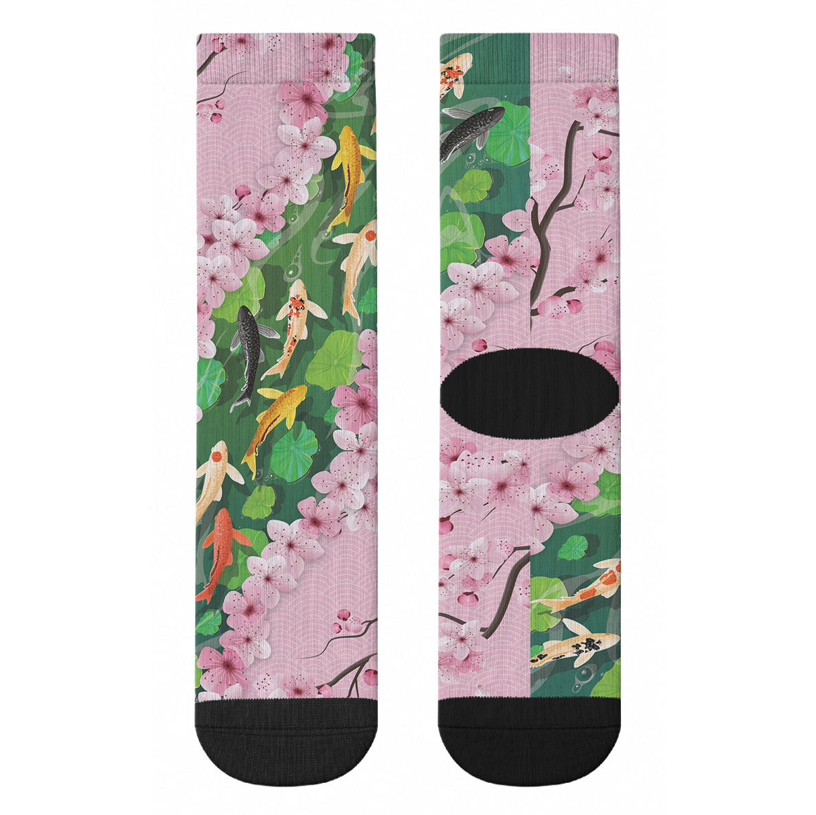 Koi Fish Sakura Japan Crew Socks Eternal Flow Cherry Blossom Seigaiha Pattern LT14 - Polynesian Pride