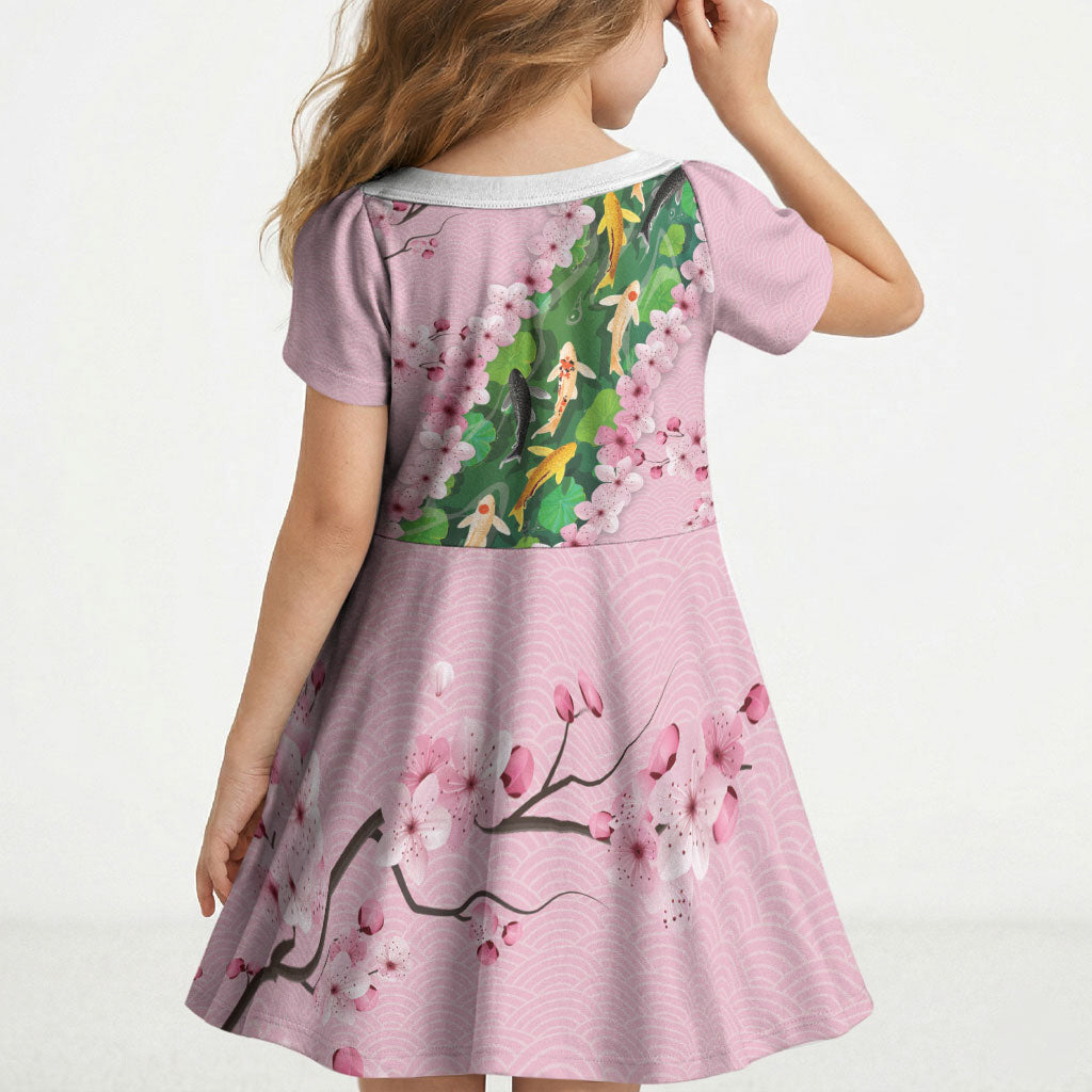 Koi Fish Sakura Japan Kid Short Sleeve Dress Eternal Flow Cherry Blossom Seigaiha Pattern