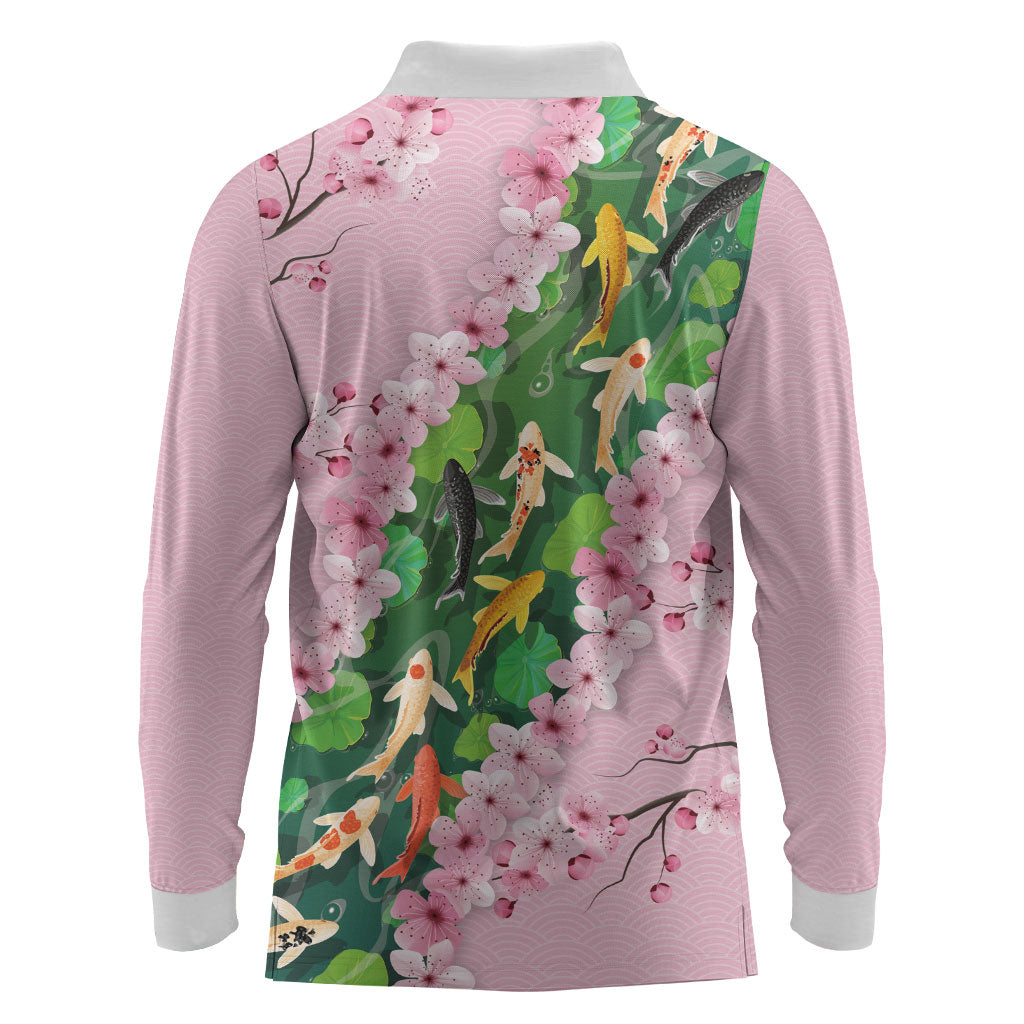 Koi Fish Sakura Japan Long Sleeve Polo Shirt Eternal Flow Cherry Blossom Seigaiha Pattern