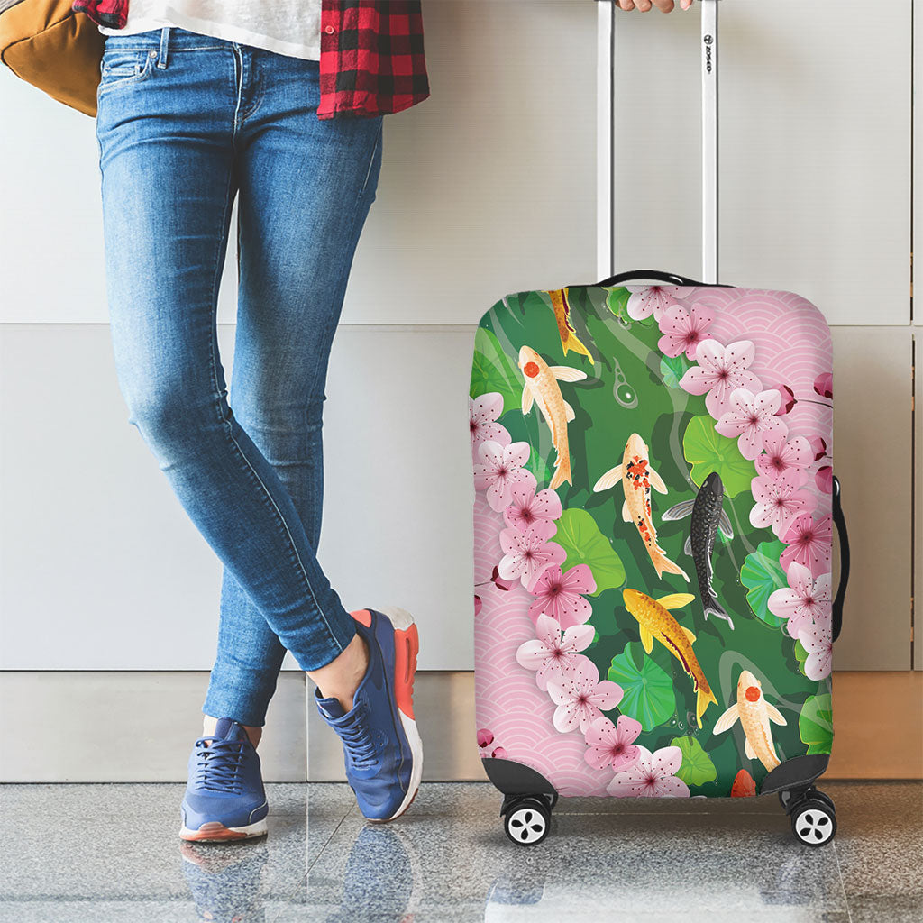 Koi Fish Sakura Japan Luggage Cover Eternal Flow Cherry Blossom Seigaiha Pattern