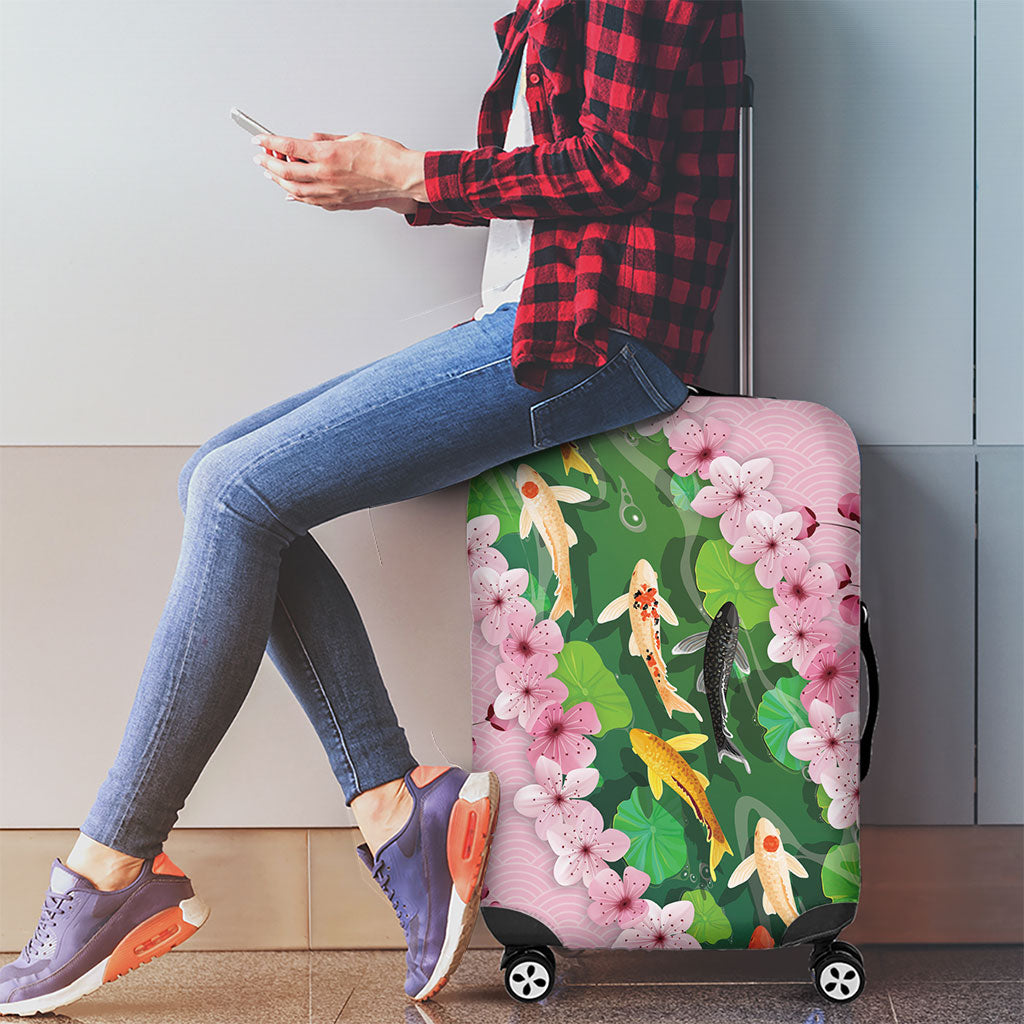 Koi Fish Sakura Japan Luggage Cover Eternal Flow Cherry Blossom Seigaiha Pattern