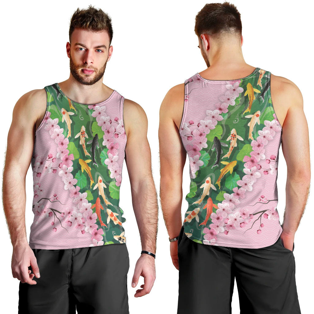 Koi Fish Sakura Japan Men Tank Top Eternal Flow Cherry Blossom Seigaiha Pattern