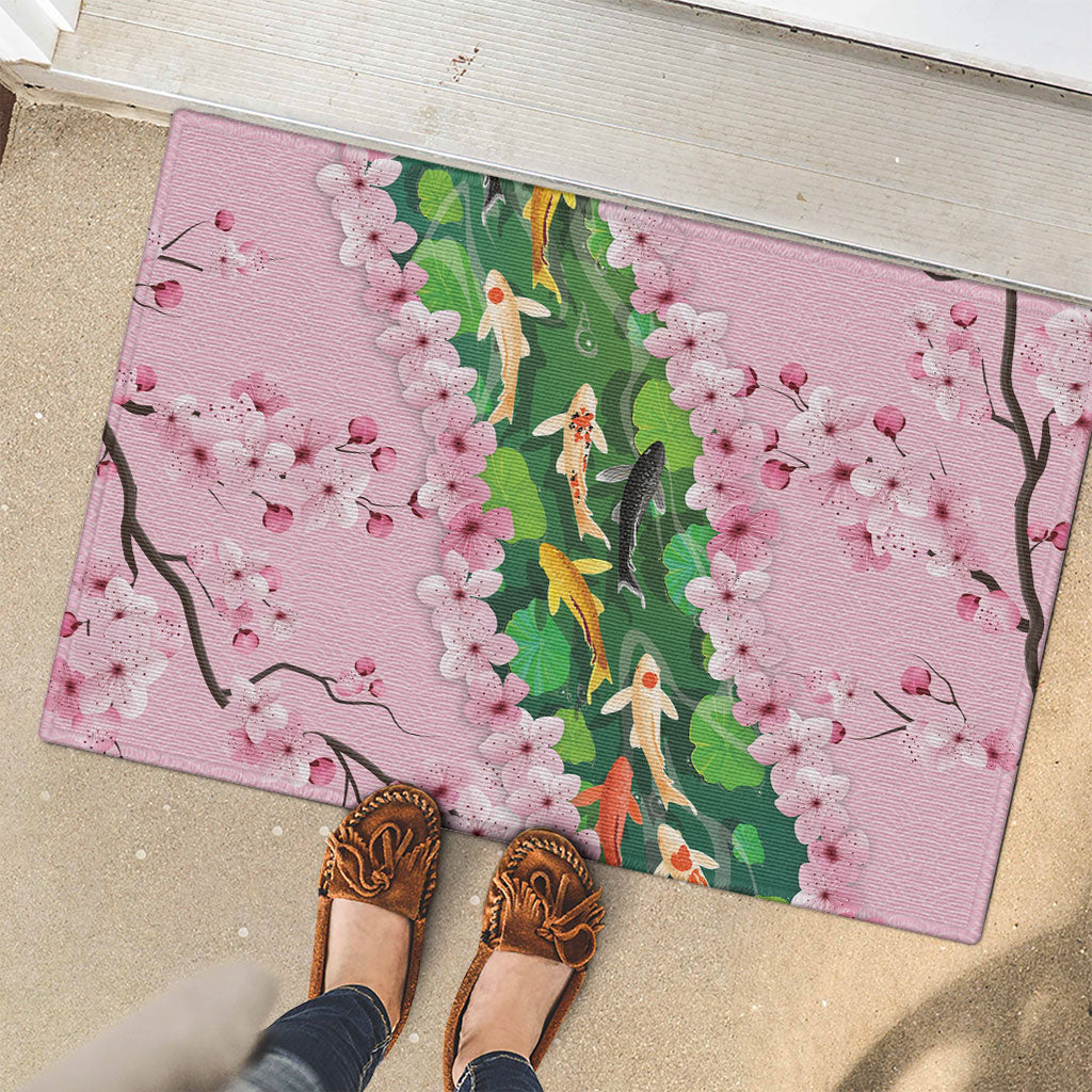 Koi Fish Sakura Japan Rubber Doormat Eternal Flow Cherry Blossom Seigaiha Pattern