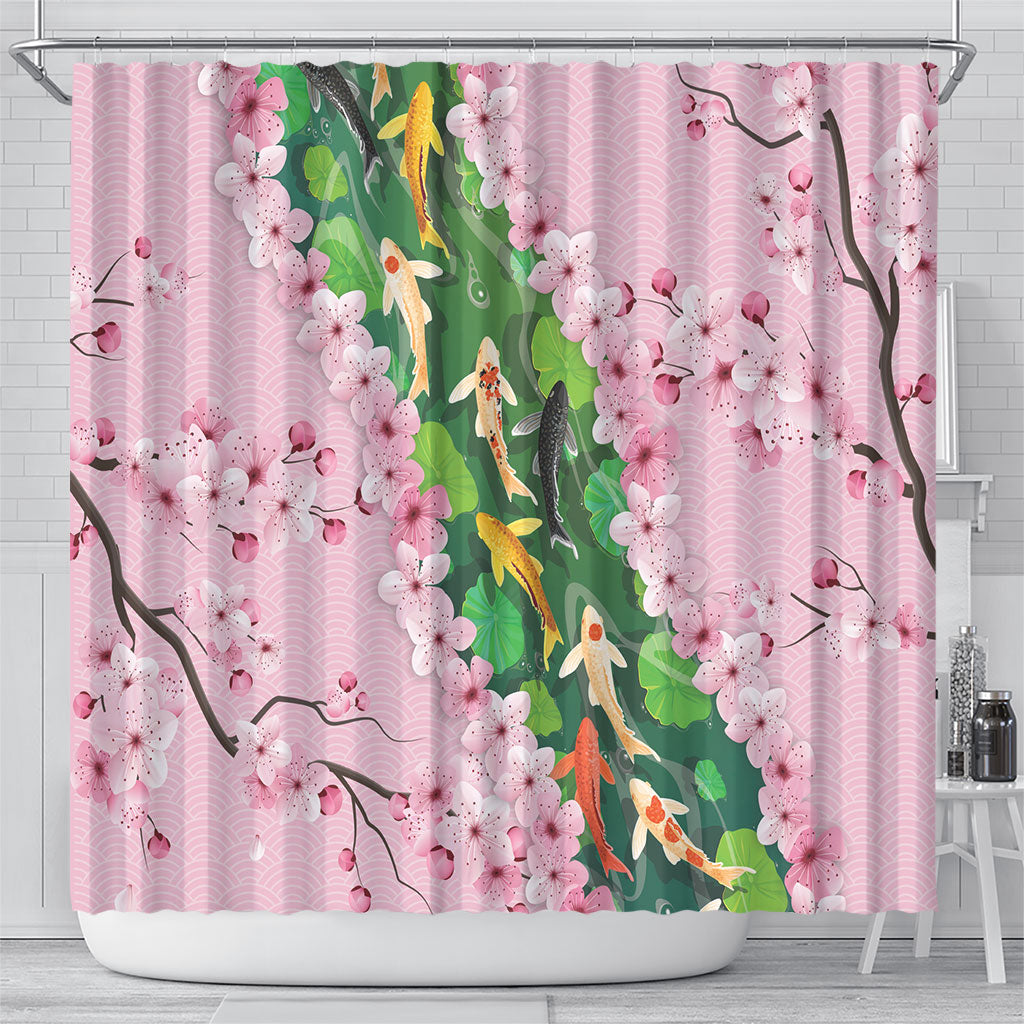 Koi Fish Sakura Japan Shower Curtain Eternal Flow Cherry Blossom Seigaiha Pattern
