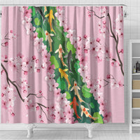 Koi Fish Sakura Japan Shower Curtain Eternal Flow Cherry Blossom Seigaiha Pattern