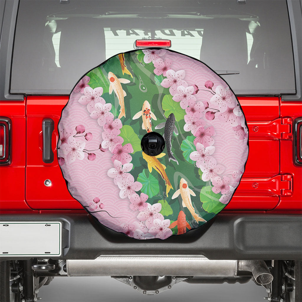 Koi Fish Sakura Japan Spare Tire Cover Eternal Flow Cherry Blossom Seigaiha Pattern