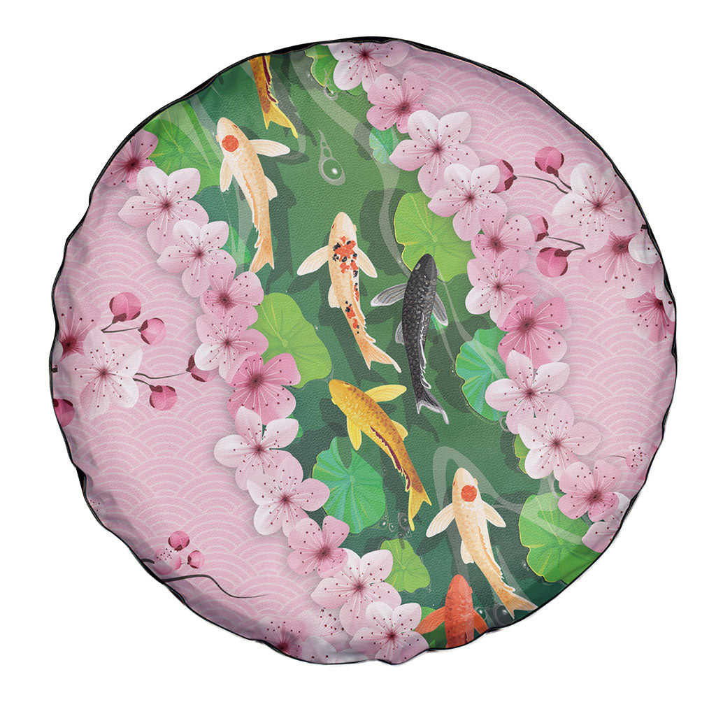Koi Fish Sakura Japan Spare Tire Cover Eternal Flow Cherry Blossom Seigaiha Pattern