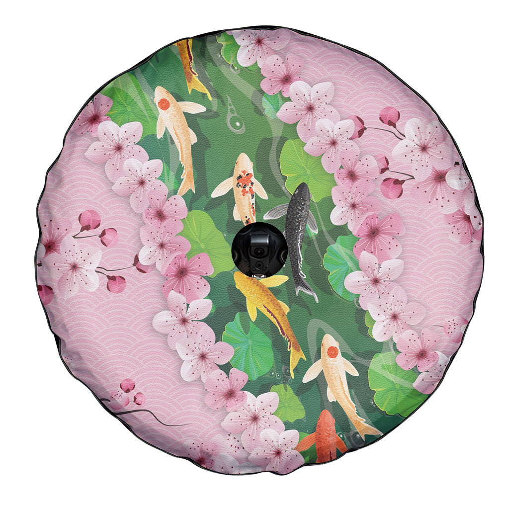 Koi Fish Sakura Japan Spare Tire Cover Eternal Flow Cherry Blossom Seigaiha Pattern