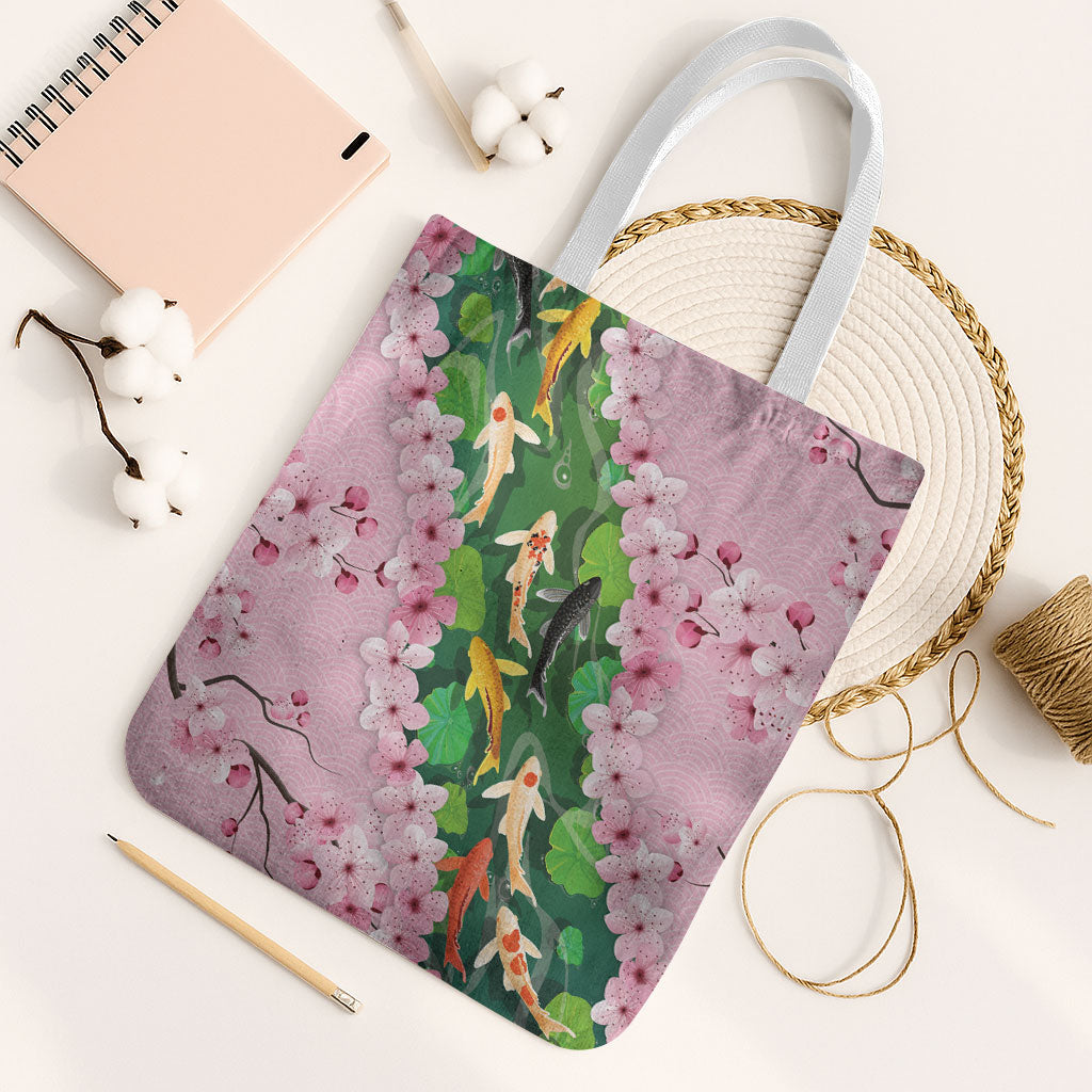 Koi Fish Sakura Japan Tote Bag Eternal Flow Cherry Blossom Seigaiha Pattern